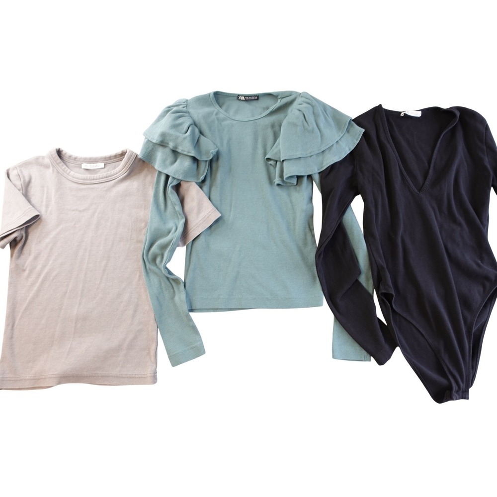 Zara Top Bundle Womens‎ Small Blue Gray Ribbed Body Suit Ruffle Sleeve Lot of 3